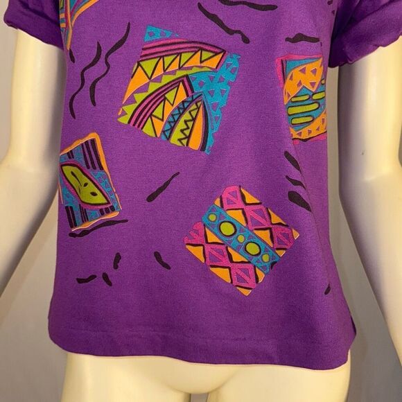 Vintage 80’s Purple Geometric Bold Shoulder T-Shirt Women’s Size MP - Picture 3 of 12